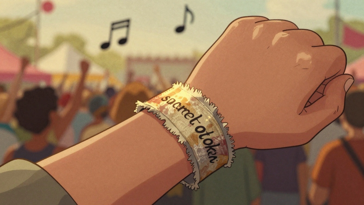Close-up cartoon illustration of a frayed 90s festival fabric wristband on a wrist.