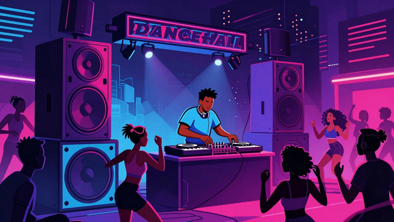 Colorful vintage cartoon of a high-energy Dancehall party with large speakers and neon lights.