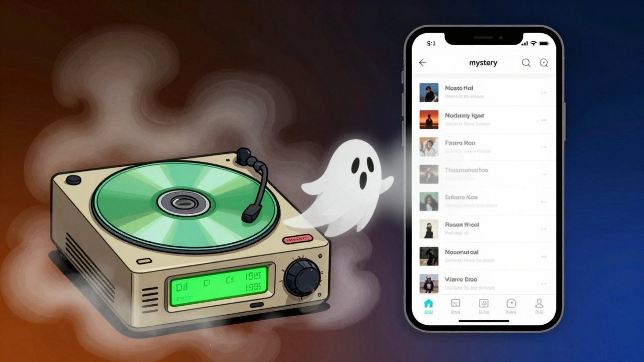 Comparison between a nostalgic 90s CD player and a modern smartphone music app.