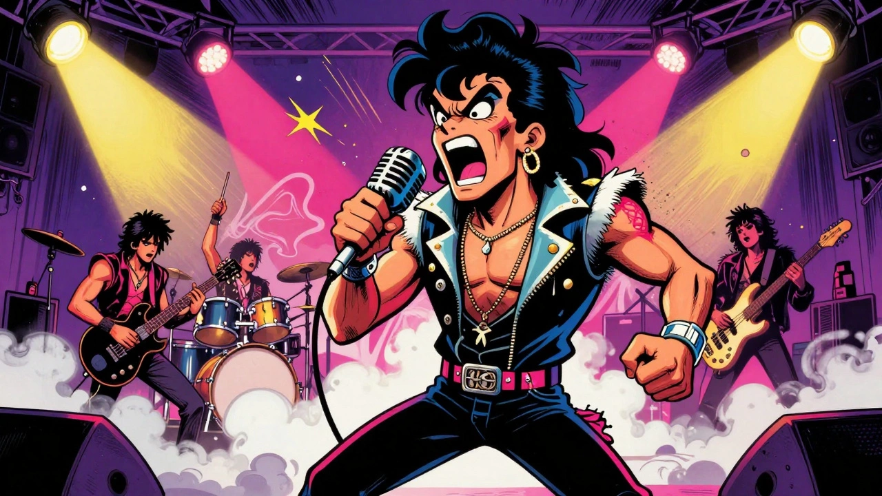 Energetic rock band performing a high-voltage show with dramatic lighting and makeup