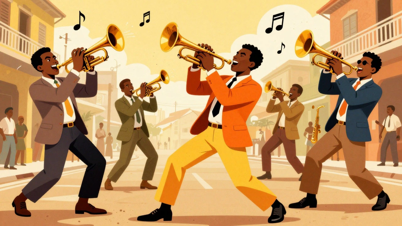 Energetic vintage cartoon showing a brass band playing upbeat Ska music on a city street.