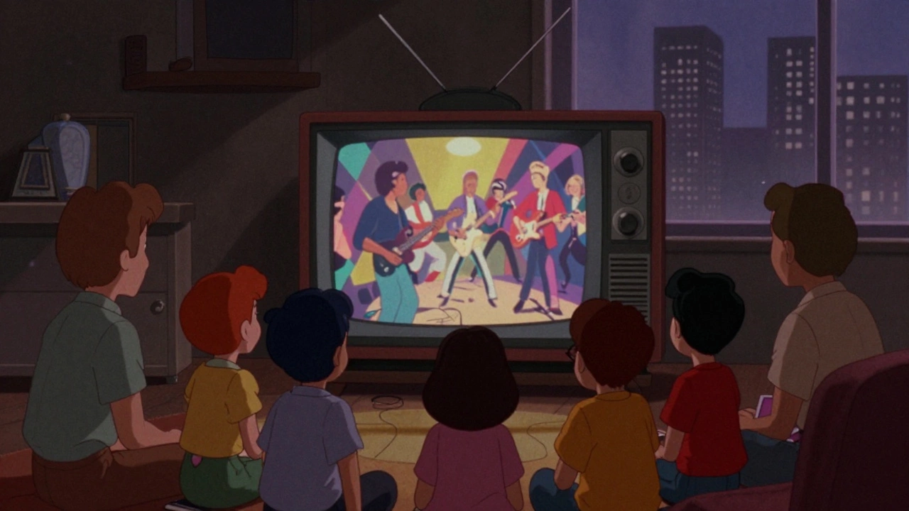 Families watching glowing TV screen in dark 90s living room