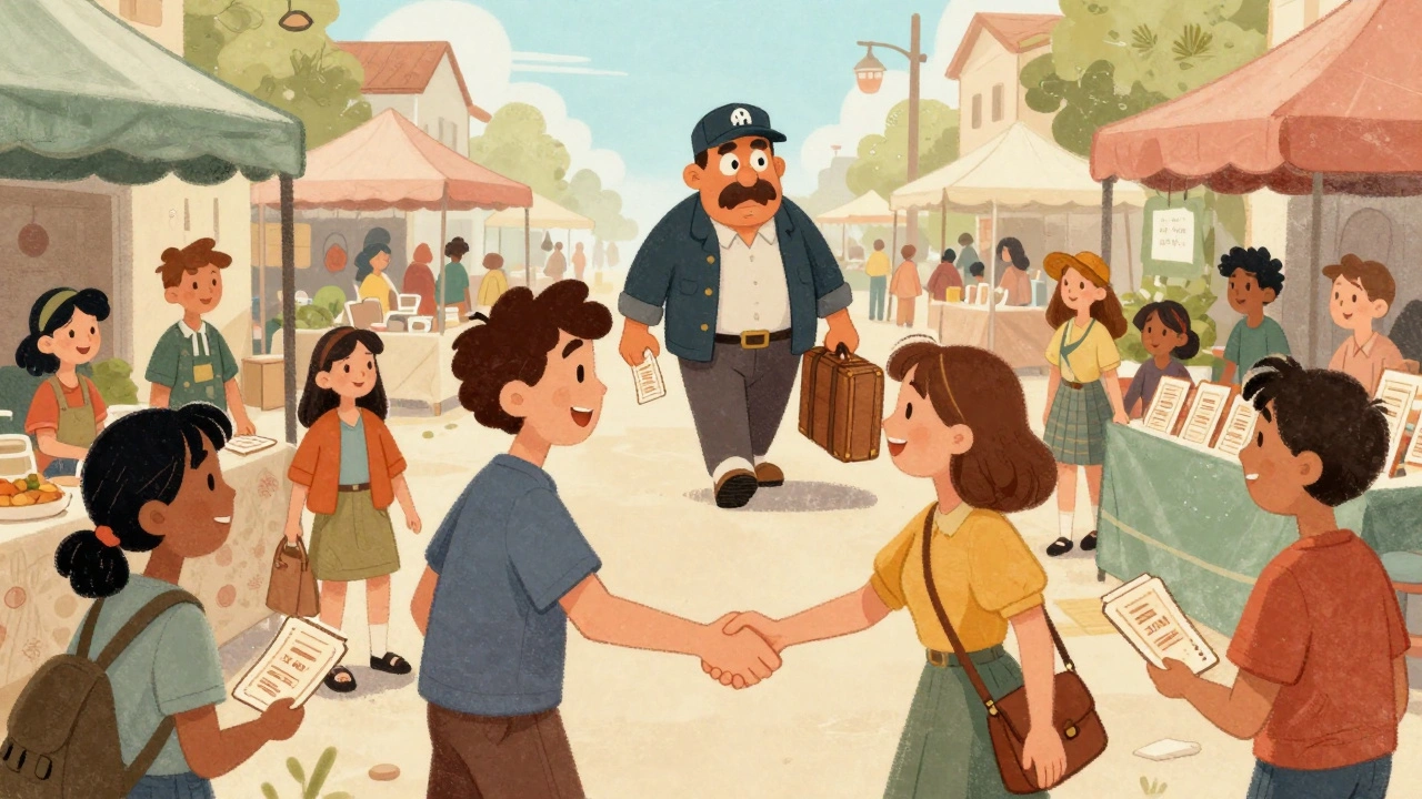 Fans happily exchanging concert tickets at face value in a community setting