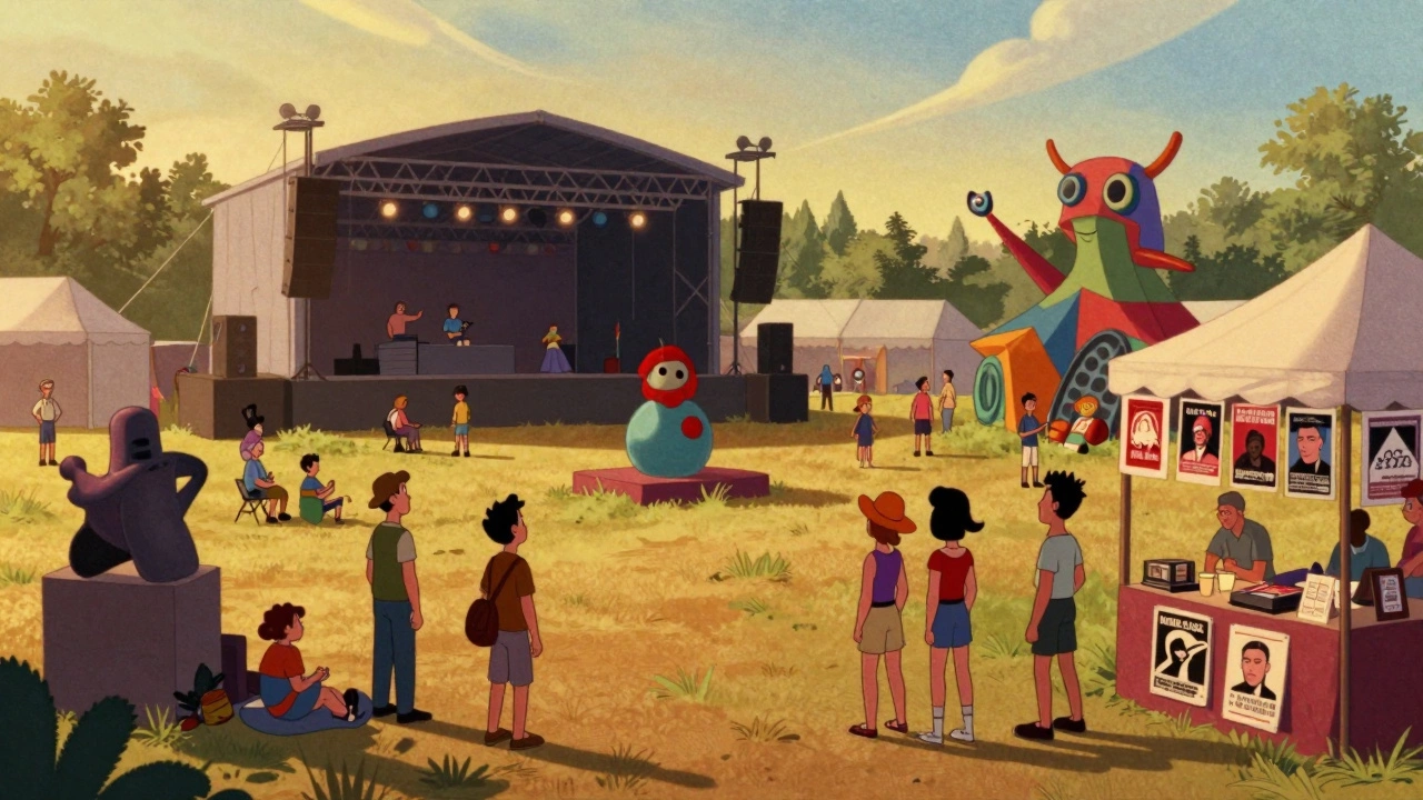 Festival grounds with art installations and political activism booths