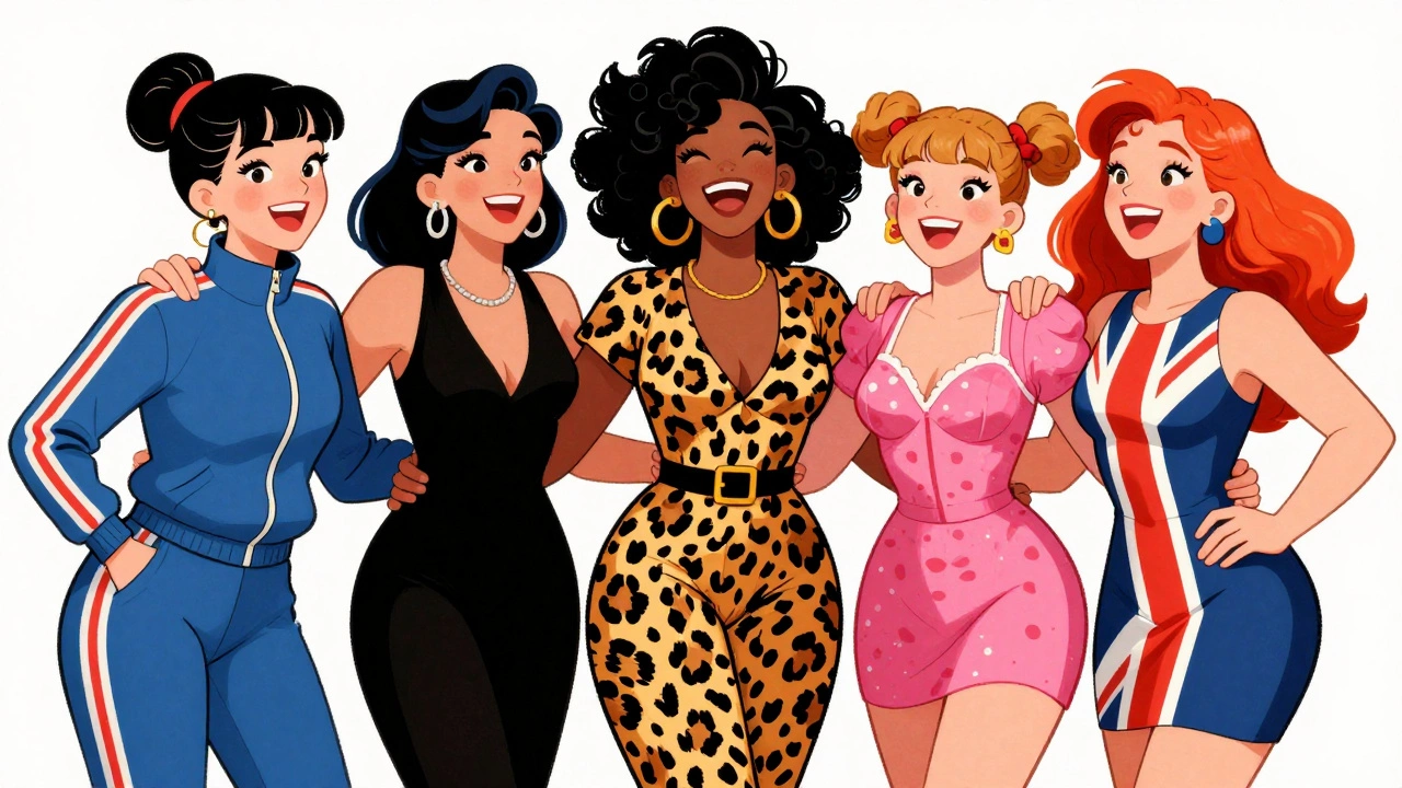 Five diverse women embodying different 90s archetypes standing in solidarity