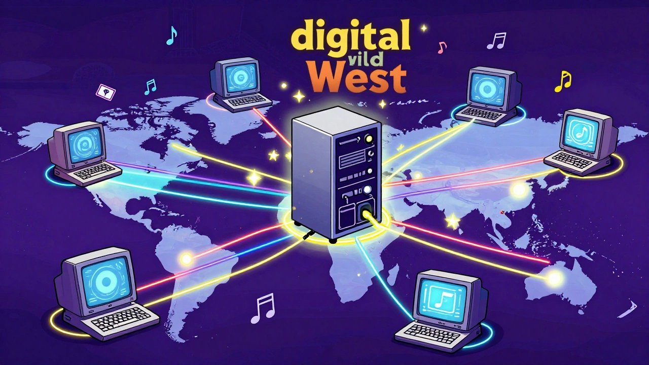 Global network of computers exchanging MP3 files across a world map