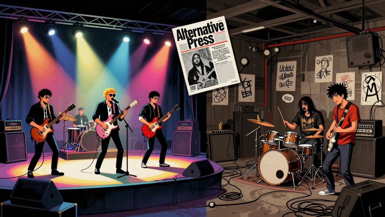 Illustration contrasting a corporate MTV stage with a raw DIY garage band setup.