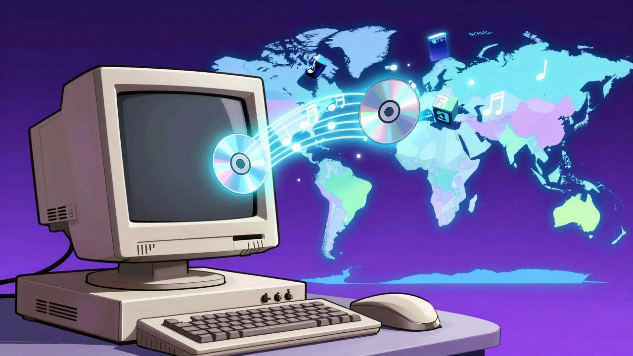 Illustration of a CD being converted into MP3 files and traveling across a world map.