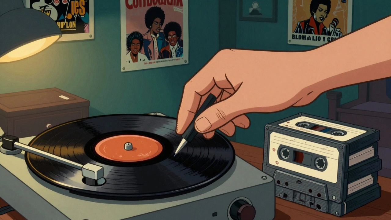 Illustration of a dub plate record and cassette tapes in a retro bedroom.