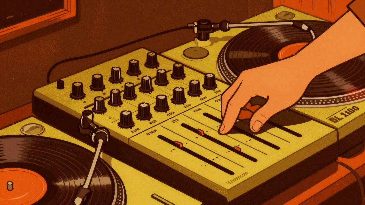 Illustration of a hand using a crossfader on a Bozak mixer and Technics turntable