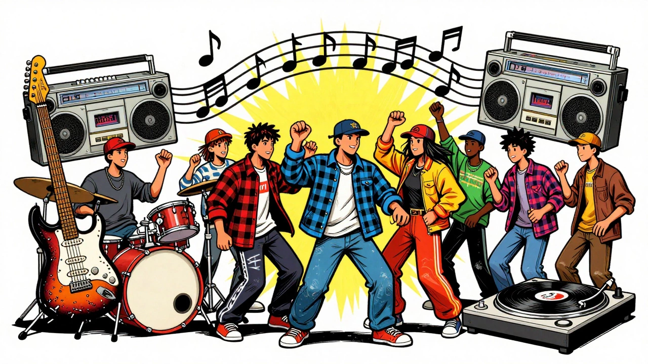 Illustration of rock guitars and hip-hop turntables blending together