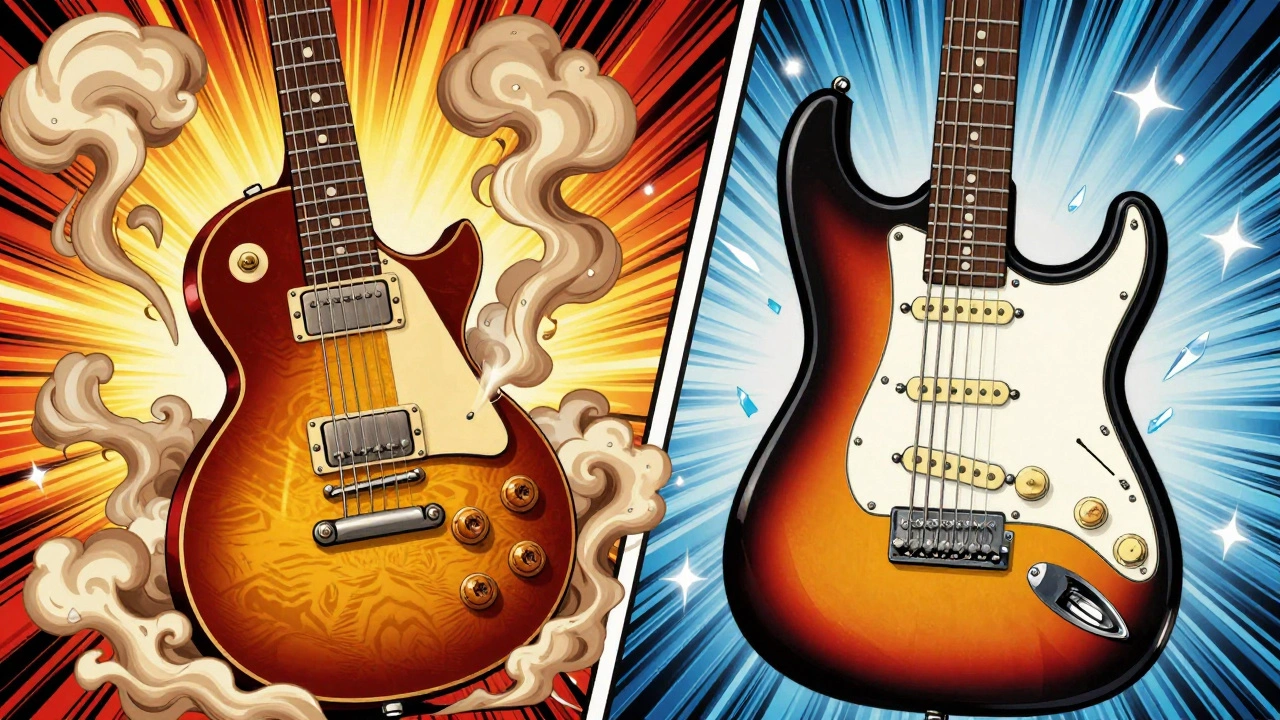 Illustration showing a chunky Les Paul with warm swirls and a sleek Stratocaster with sharp sparks.