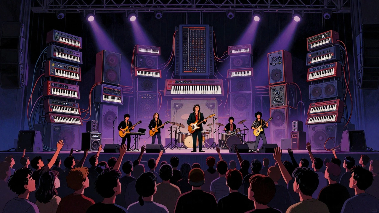 Massive 1986 arena concert with towering synths and a crowd of fans