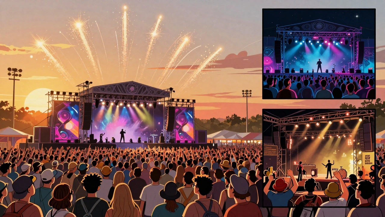 Modern festival stage with large crowd and pyrotechnic display