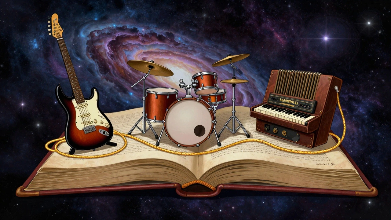Musical instruments connected by a golden thread inside a giant book against a cosmic background