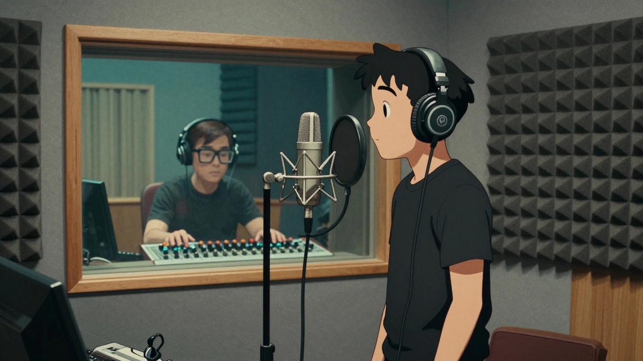 Musician recording in a quiet studio booth with a producer behind the glass.