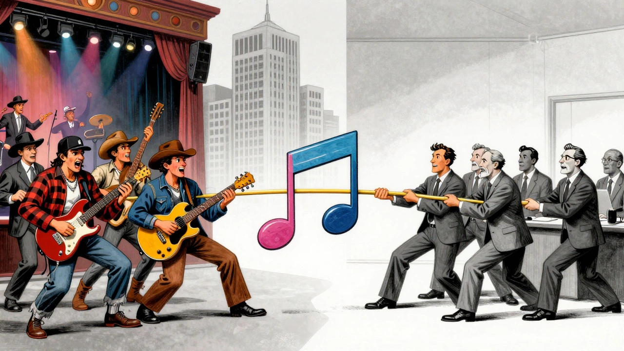 Musicians and corporate executives in a tug-of-war over a large musical note.