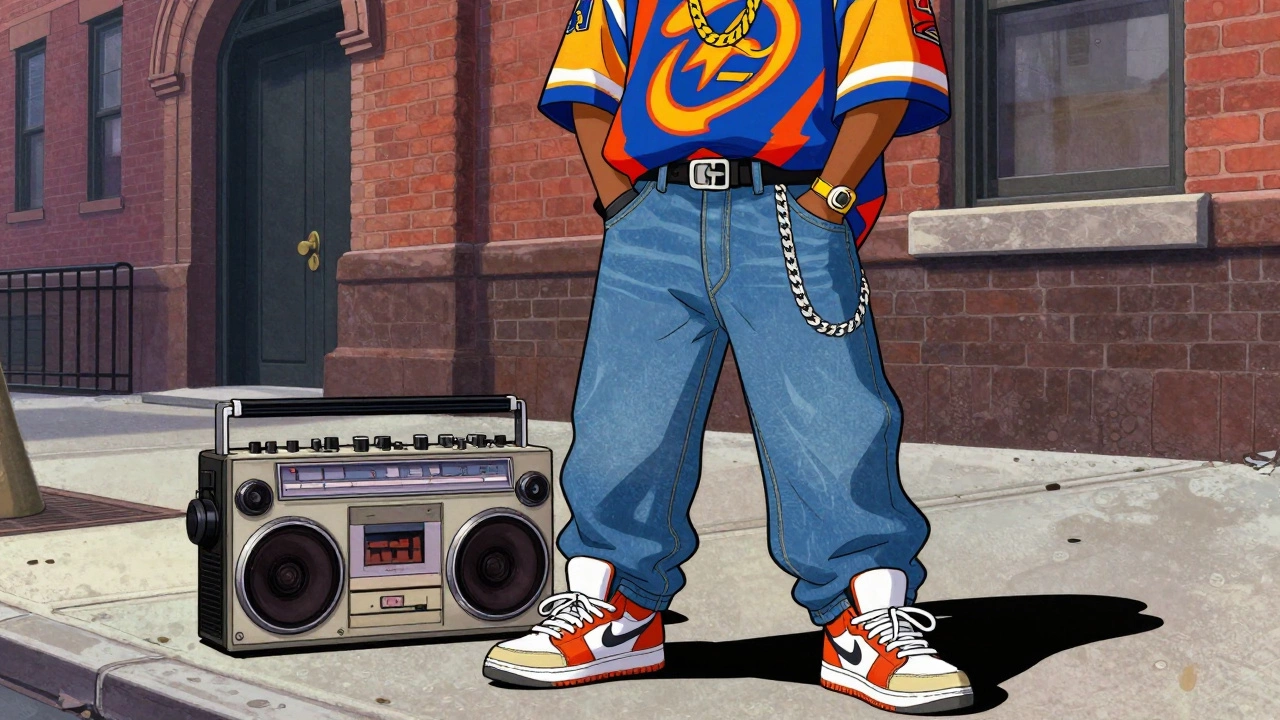 Person in 90s streetwear with baggy jeans and a boombox on a city street