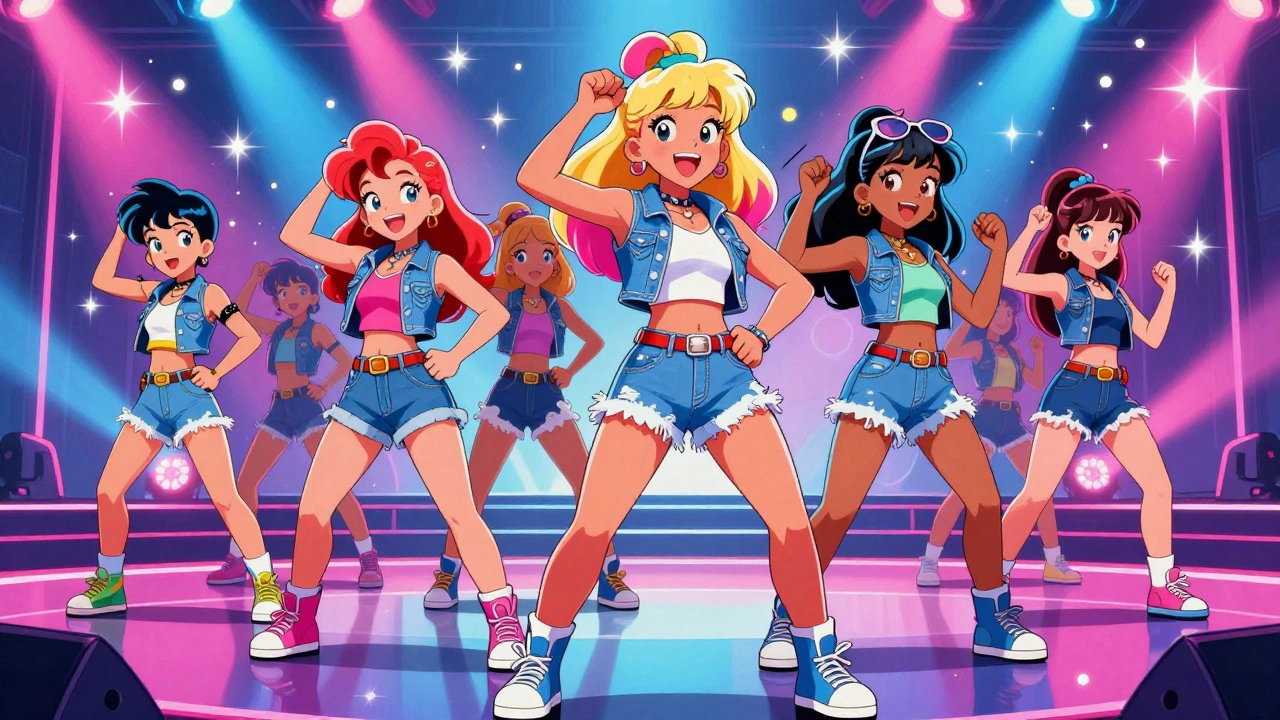 Pop singers in matching denim outfits performing a synchronized dance on a glittery stage