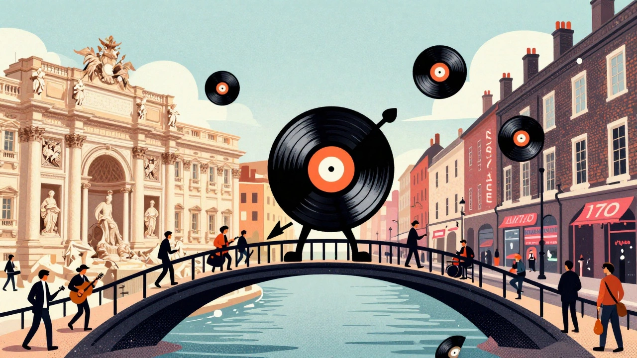 Retro cartoon showing a musical bridge connecting Italy to a 1970s city.