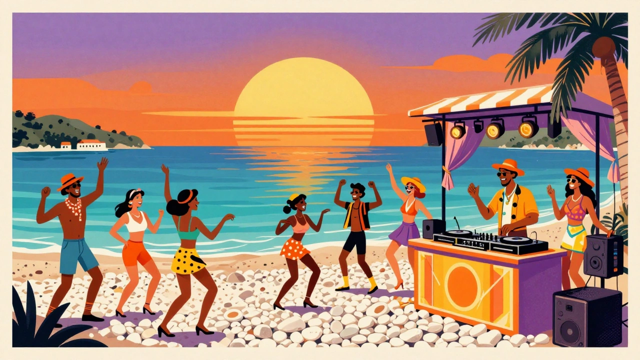 Retro illustration of people dancing at a sunny Croatian beach club party