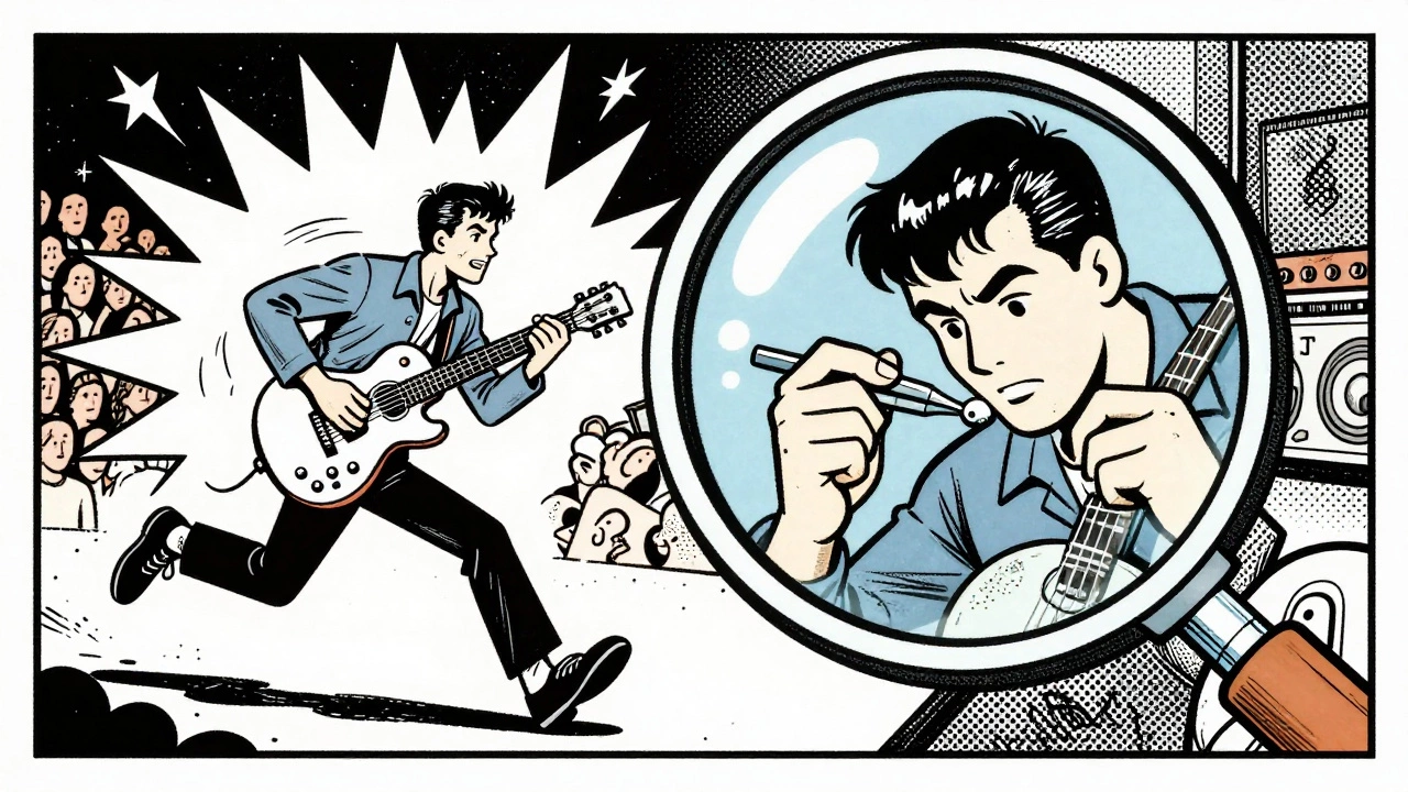 Split-screen cartoon showing a high-energy performer versus a meticulous studio artist.
