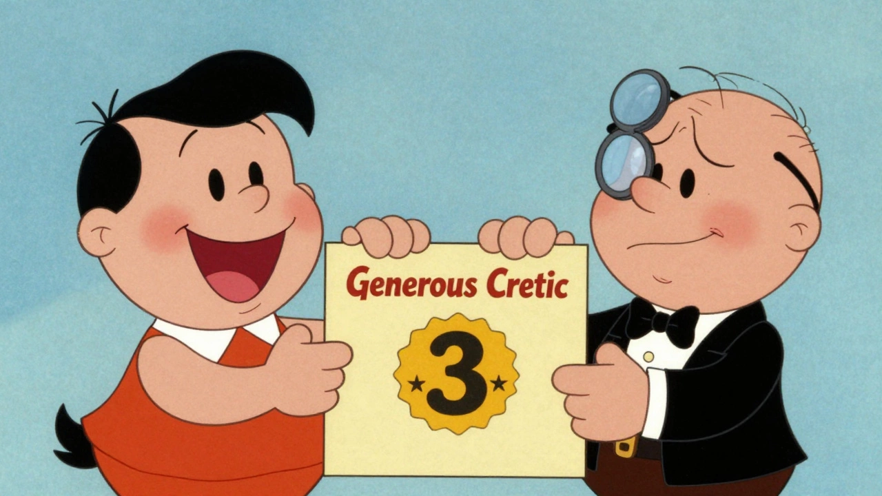 Two vintage cartoon critics, one generous and one strict, giving different star ratings to the same album.