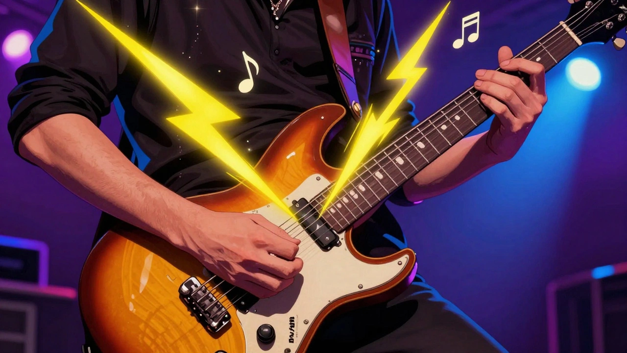 Vintage cartoon close-up of hands shredding on an electric guitar with lightning effects