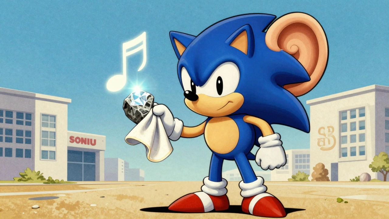 Vintage cartoon conceptual art showing a producer polishing a musical note into a sparkling diamond.