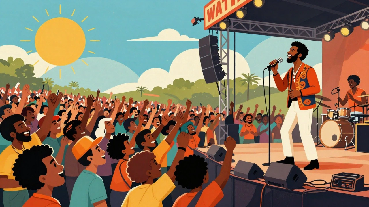 Vintage cartoon depicting a massive, joyful outdoor soul concert with a singer on stage.