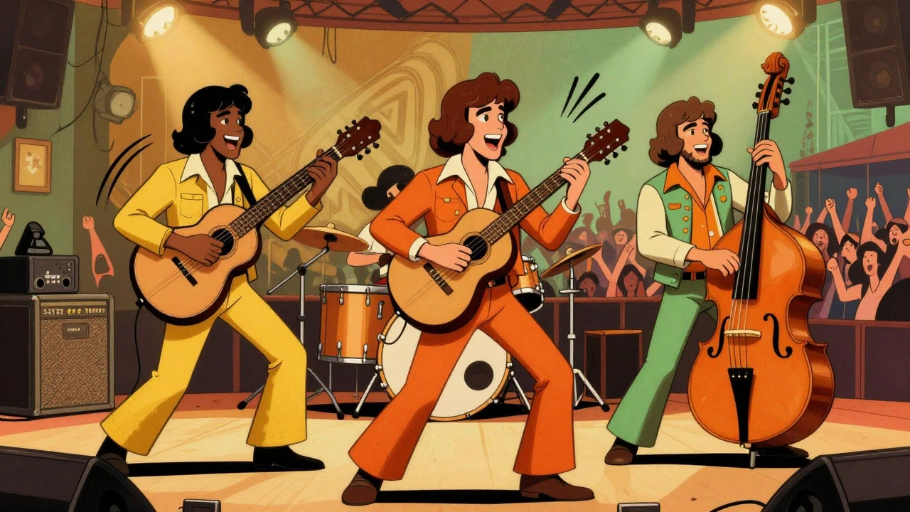 Vintage cartoon illustration of a 70s Greek folk-rock band performing with energetic motion lines