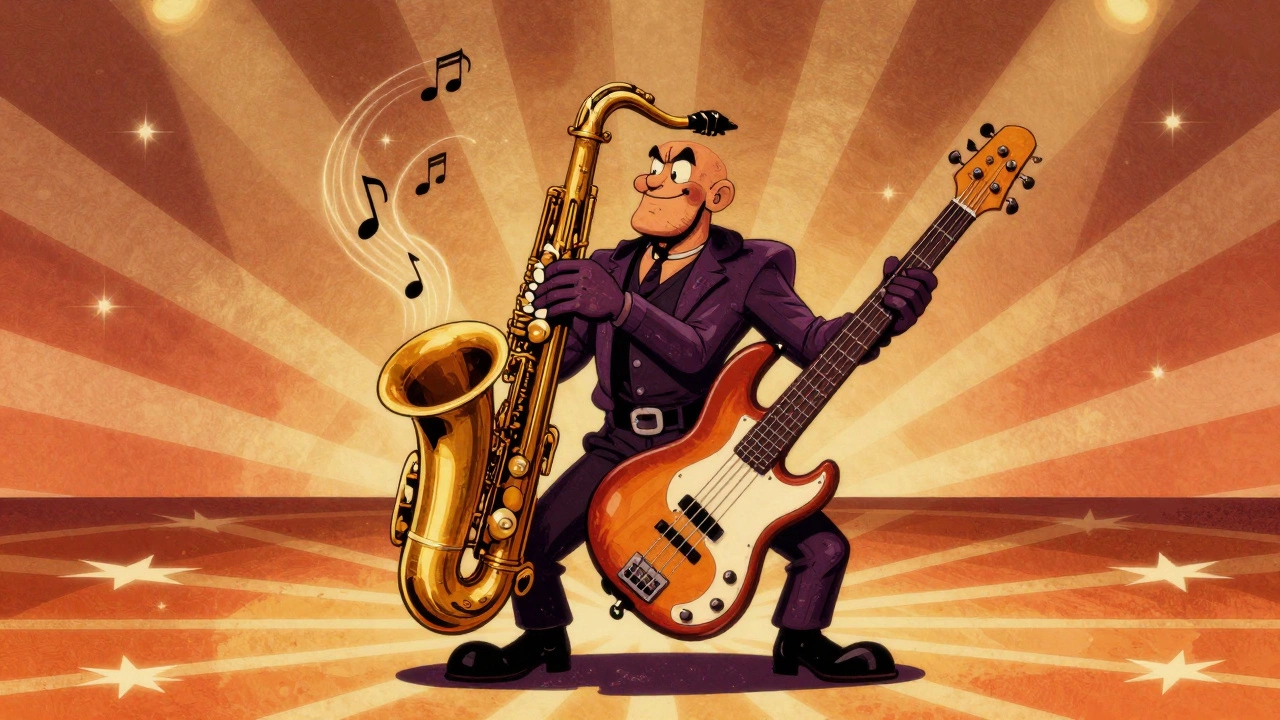 Vintage cartoon illustration of a baritone sax and bass guitar locking into a deep groove.