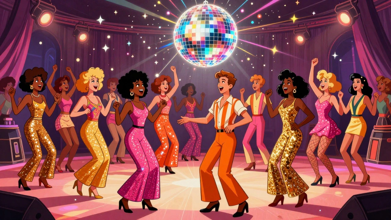 Vintage cartoon illustration of a diverse crowd dancing under a glittering disco ball.