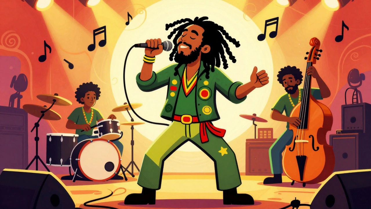 Vintage cartoon illustration of a reggae singer and his band performing a soulful live jam session.