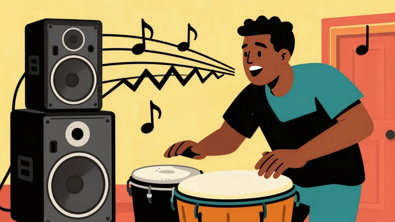 Vintage cartoon illustration of an MC rapping in perfect sync with a beat