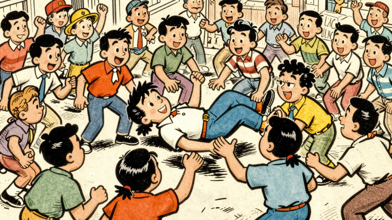 Vintage cartoon illustration of concertgoers helping a person up after they fell in a mosh pit.