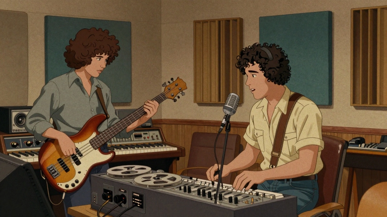 Vintage cartoon musicians working in an analog recording studio setting