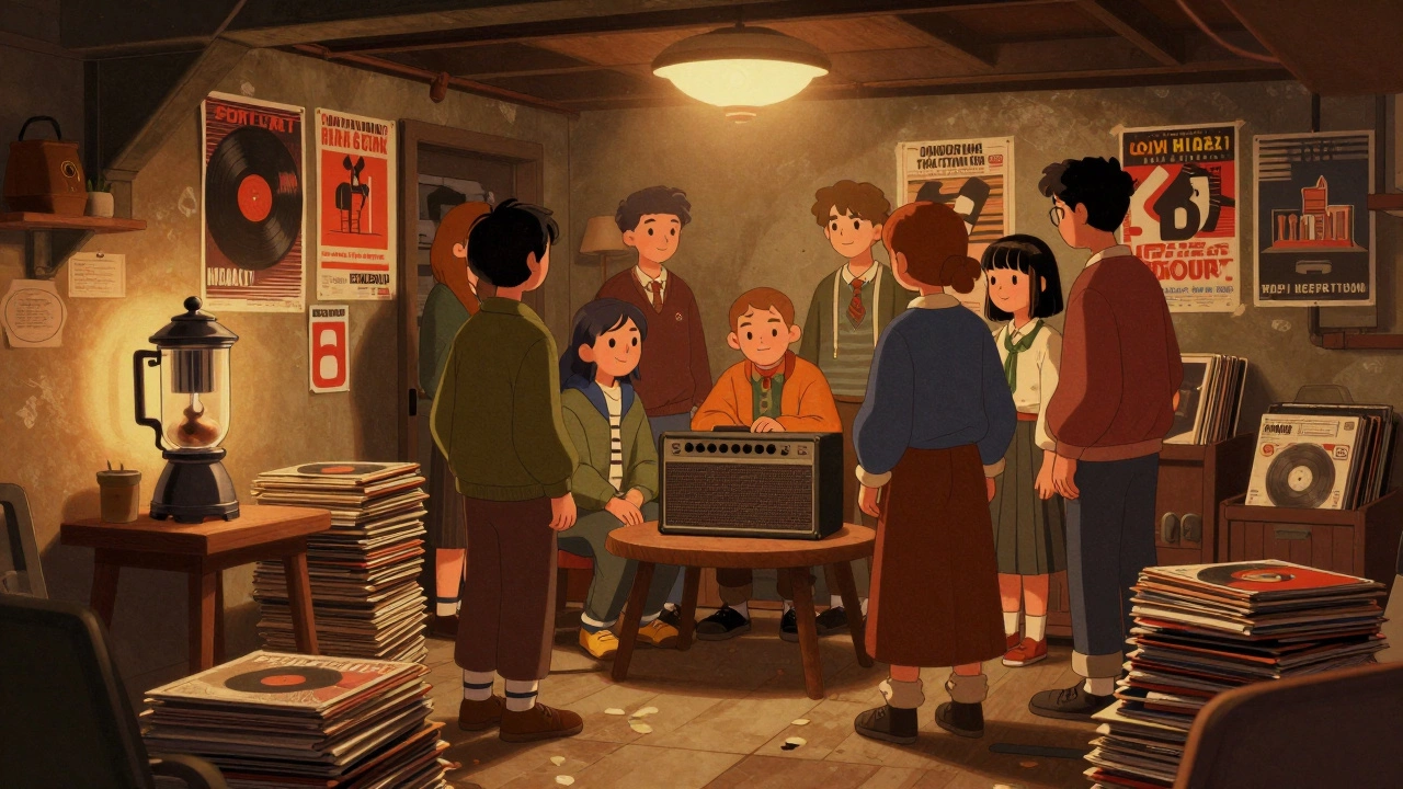 Vintage cartoon of 90s youth in a cluttered Portland basement with vinyl and coffee.