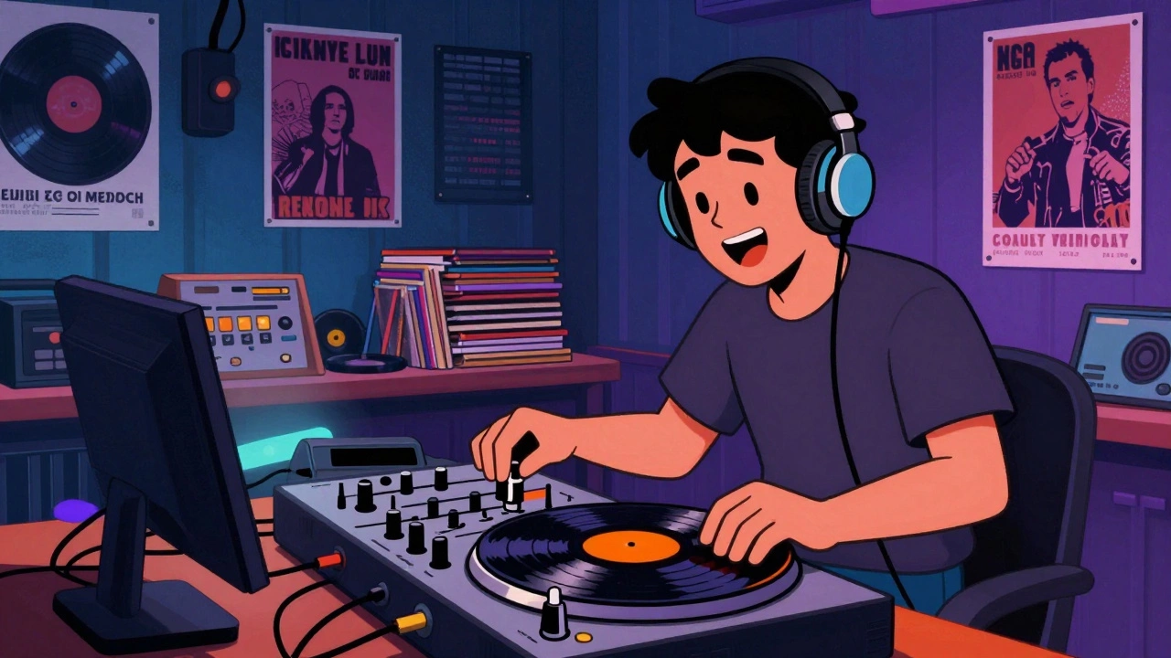 Vintage cartoon of a college radio DJ spinning vinyl in a studio