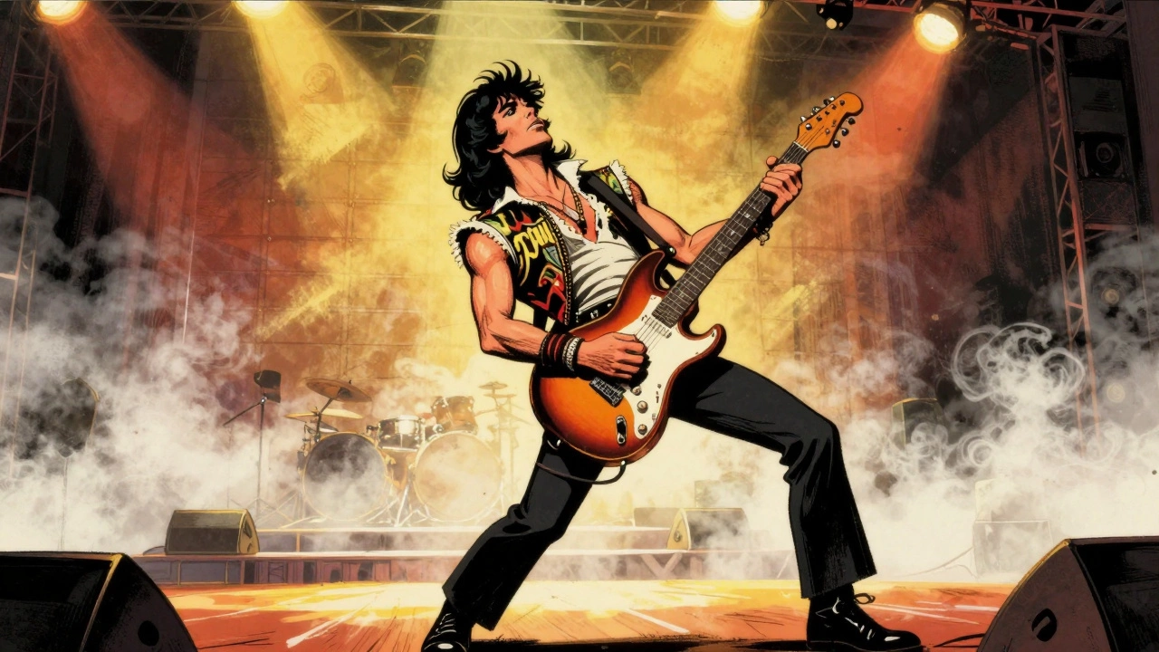 Vintage cartoon of a confident rock guitarist in a dramatic pose on a smoky concert stage