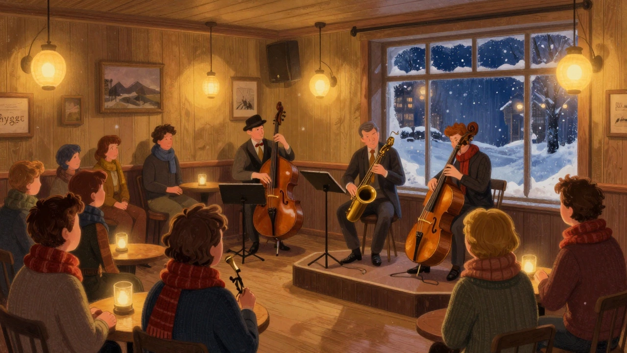 Vintage cartoon of a cozy, warm jazz club during a winter night in Copenhagen