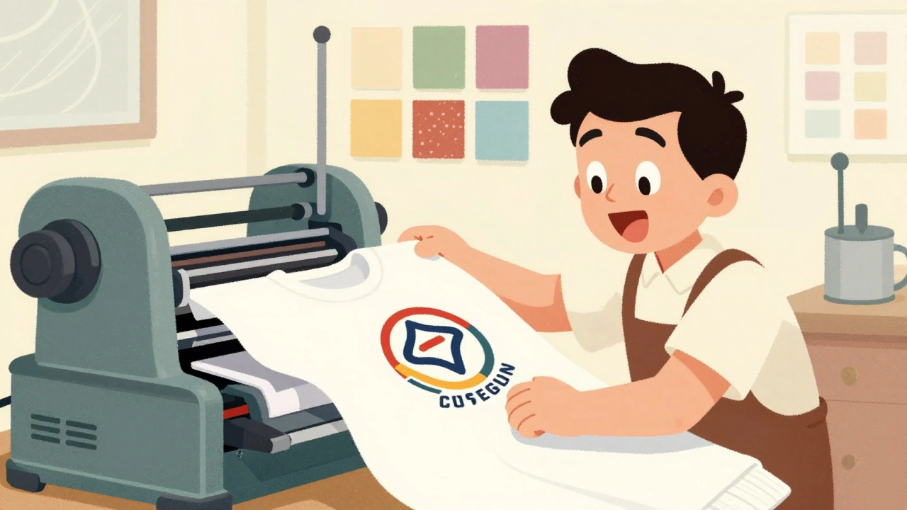 Vintage cartoon of a designer checking a printed sleeve logo in a studio