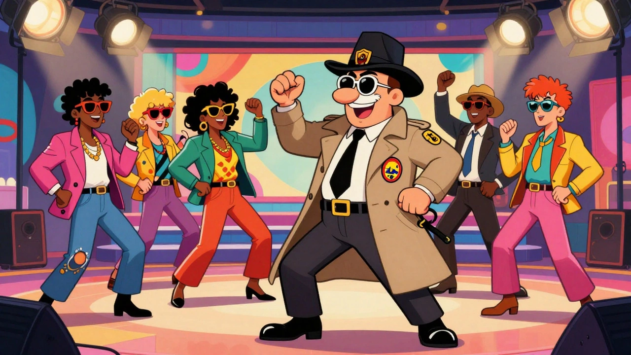 Vintage cartoon of a detective trying to arrest a swaggering 80s funk band on a video set.