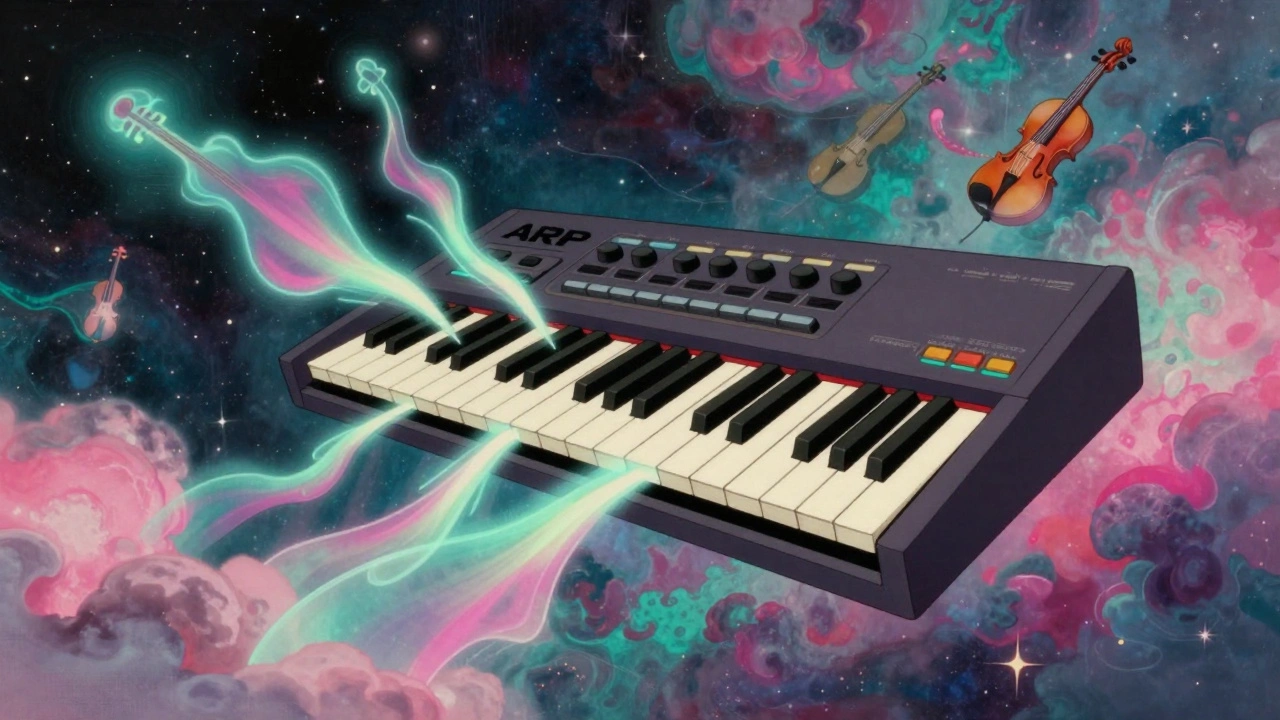 Vintage cartoon of a floating synthesizer in a cosmic nebula with ghostly orchestral instruments.
