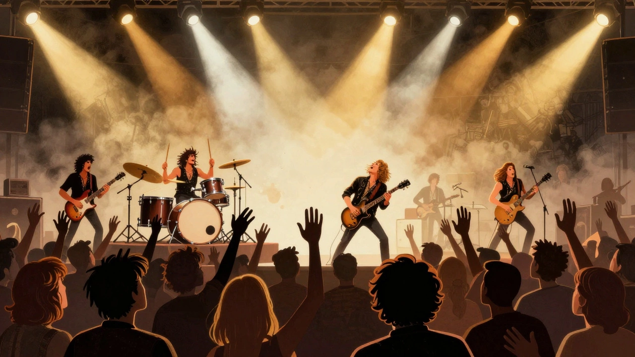 Vintage cartoon of a rock band performing a powerful climax in a crowded stadium