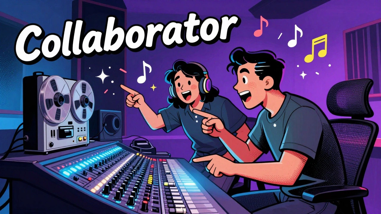 Vintage cartoon of a singer and producer collaborating energetically at a studio mixing console.