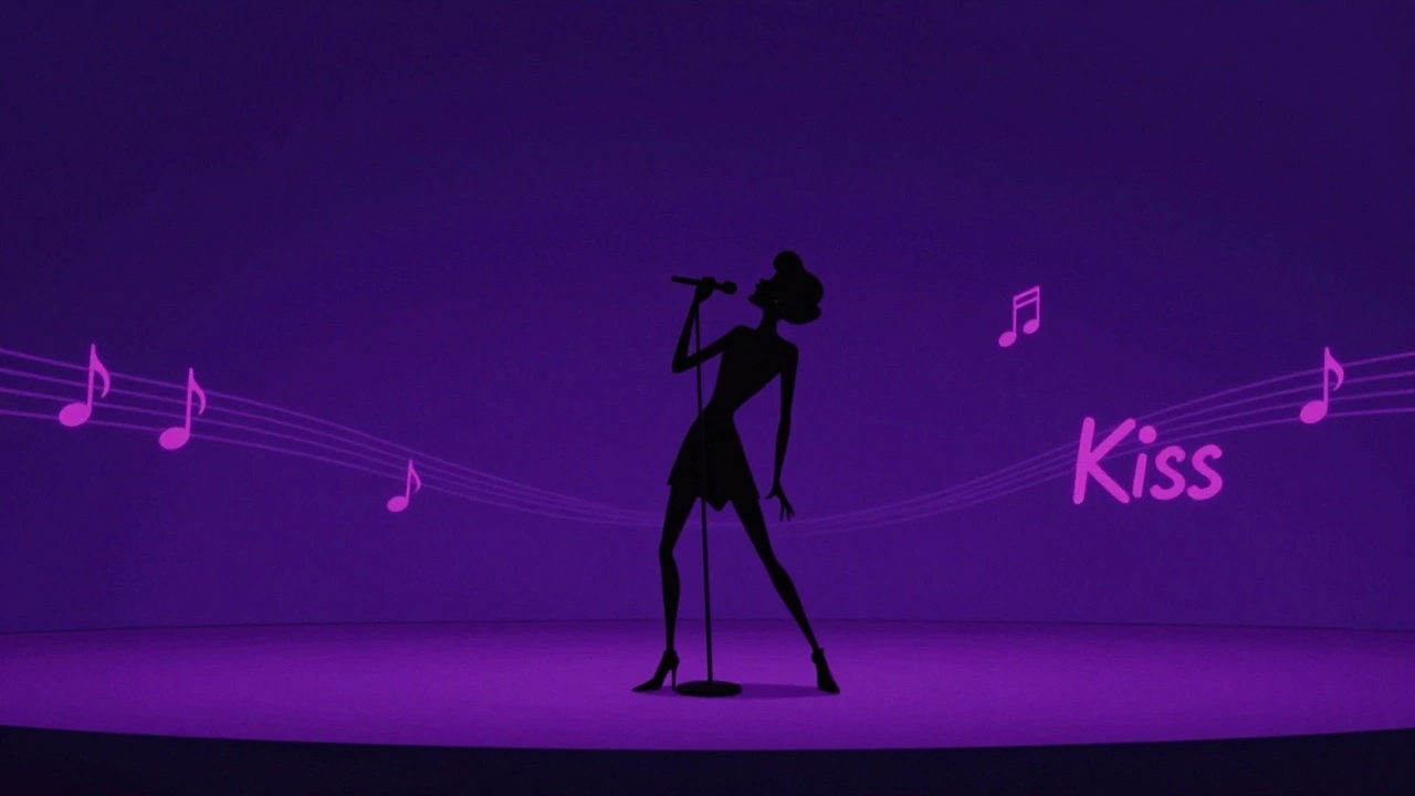 Vintage cartoon of a singer on a minimalist purple stage representing a lean funk groove.