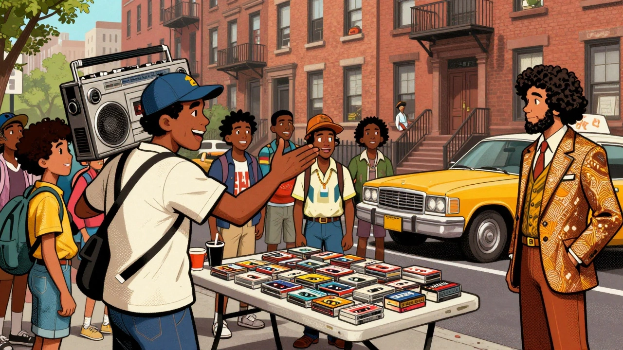 Vintage cartoon of a street vendor selling hip-hop mixtapes in New York City.