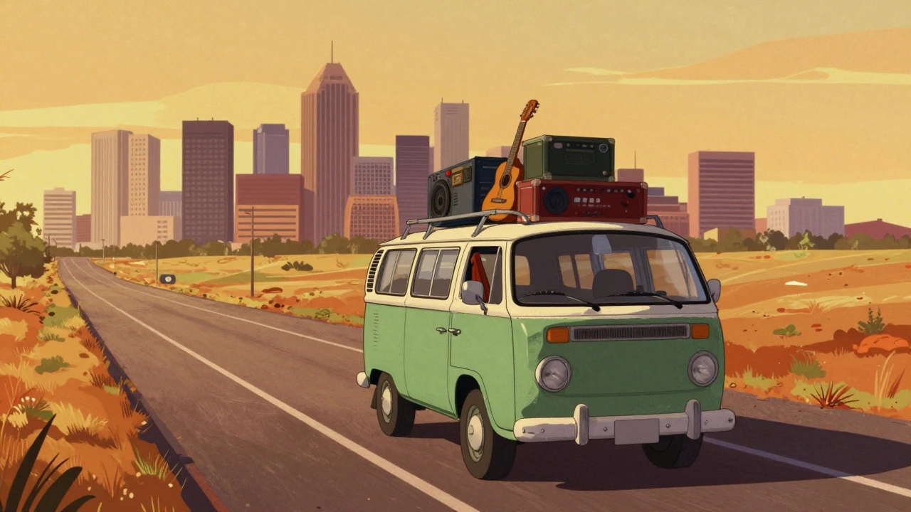 Vintage cartoon of a tour van carrying music gear on a highway toward Minneapolis.