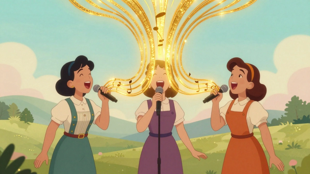 Vintage cartoon of a trio creating a golden wall of harmonic sound.
